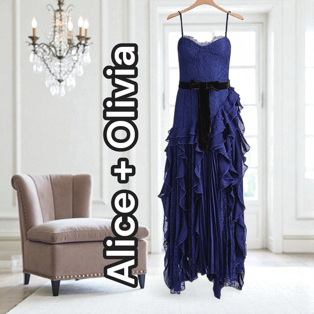 Alice + Olivia Milla Lace Maxi Dress - Blue Lace and Black Velvet Evening Dress - Picture 8 of 10